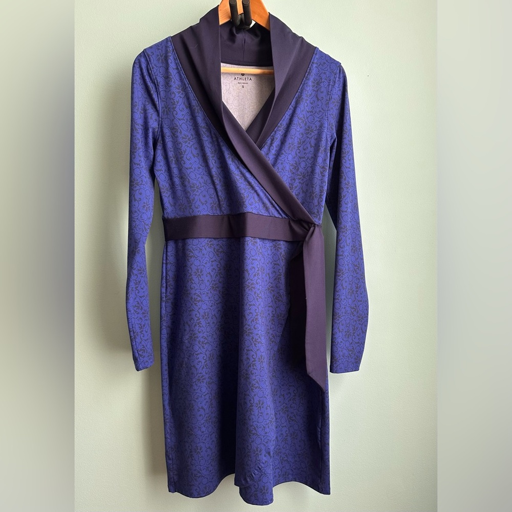 Athleta Wellington Blue Floral Faux Wrap Dress, Size S